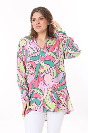 Şans Women's Large Size Colorful Woven Viscose Fabric Side Slit V-Neck Tunic 65N37789