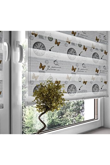 yağmur zebra Saat Ve Kelebek Desenli Dijital Baskılı Zebra Stor Perde