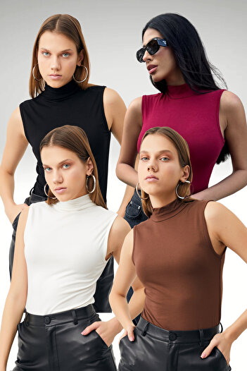 Bipantolon Claret Red, White and Black 4-Piece Sleeveless Women's Bodysuit Set