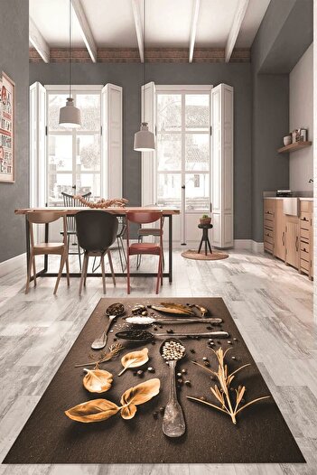 EY HOME 3D Dijital Baskılı Kaymaz Taban Baharat Temalı Mutfak Halısı, MUTFAK-27-KAHVE,