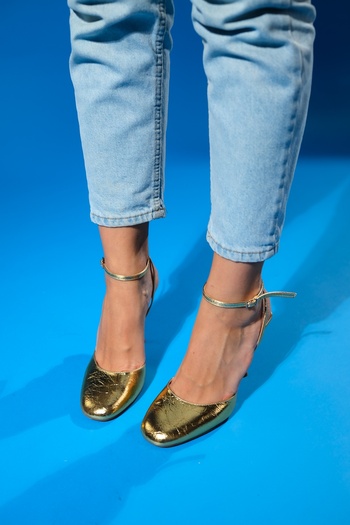 LuviShoes Gold Metallic Round Toe Ankle Strap High Heel Women's Shoes - BLUES