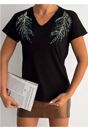 REMENY Women's T-shirt 100% Cotton New Season V-Neck Leaf Detail Sequin Embroidered Design Cotton T-shirt