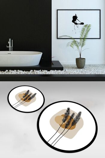 Kilimteks Digital Printed Non-Slip Base Washable Round Double Bathroom Set, N-Y-KLOZET-28-WHITE,