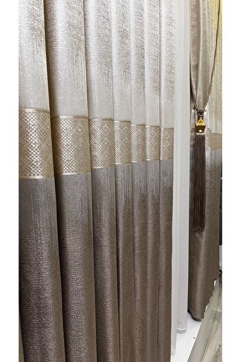 Fon Dünyası Panel Background Curtain Cream Mink Gold Stripe (Single Wing)