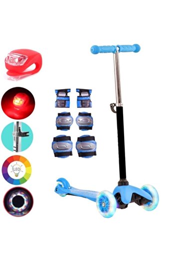 Depomiks Avm 3 Tekerlekli Frenli Led Işıklı Boy Ayarlı Mavi Twist Scooter + Dizlik Dirseklik + Çakar Led Hediye