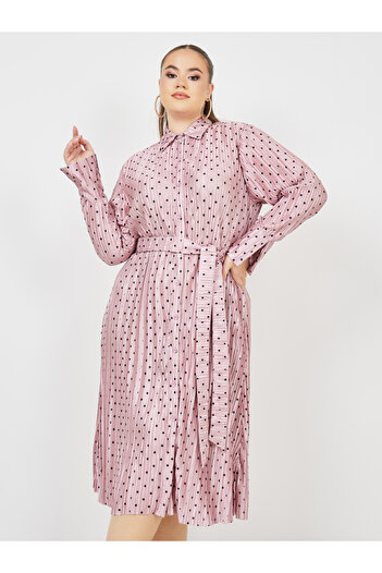 Styli Plus Satin Plisse Spot Print Shirt Midi Dress with Self Tie Up