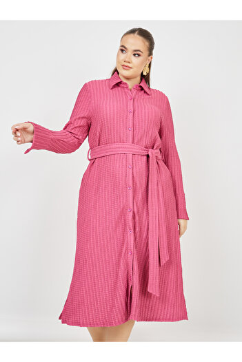 Styli Plus Waffle Textured Shirt Midi Dress with Self Tie Up