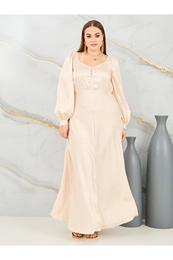 Styli Plus Jacquard Bishop Sleeves A-Line Maxi Dress