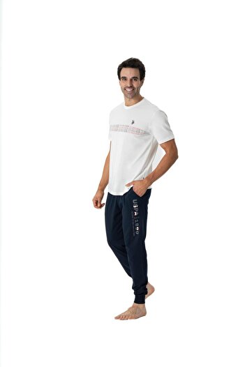 U.S. Polo Assn. ΒΑΣΗ. Polo Assn. Ανδρικό Σετ Πυτζάμες - Εκρού Στρογγυλή Λαιμόκοψη 024Y.1Z8E.7T.A.9G7.R.P.