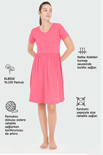 Mod Collection - Γυναικείο φούξια φόρεμα με λαιμόκοψη