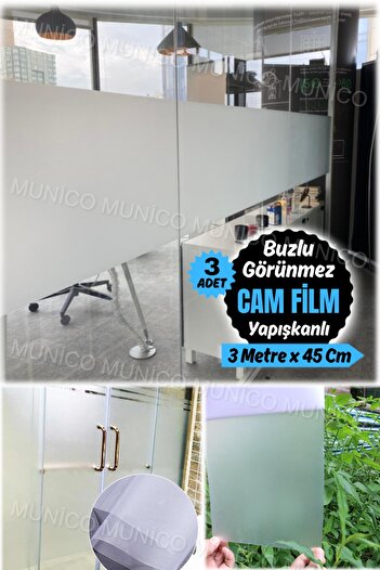 Munico 3 Adet x 3 Metre x 45 Cm Duşakabin Banyo Camı Kaplama Yapışkanlı Film Mat Beyaz Cam Filmi Buzlu Film
