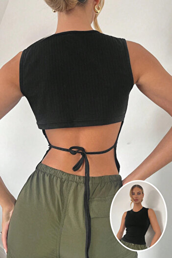 MADALİNA Black Camisole Women's Blouse - Back Tie, Zero Sleeve