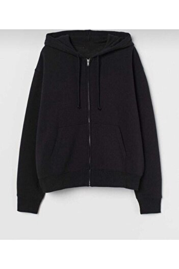 RC-Moda Unisex Black Hooded Jacket with Zipper and Ribbon Inside