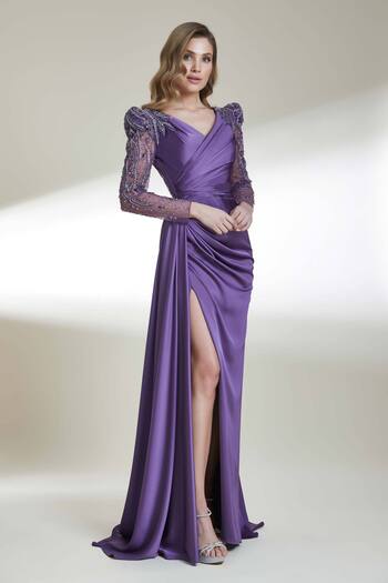 Kenzel Long V-neck Transparent Sleeve Slit Dress