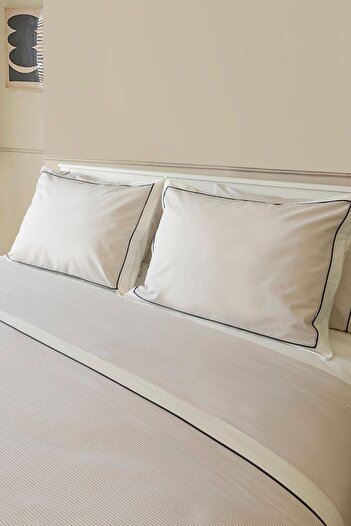 RİTMOHOME Off White Beige Striped Black Piping Cotton Plain Hotel Series Double Duvet Cover Set