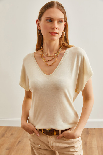 Olalook Stone Color V-Neck Women's Knitwear Blouse - BLZ-19002663