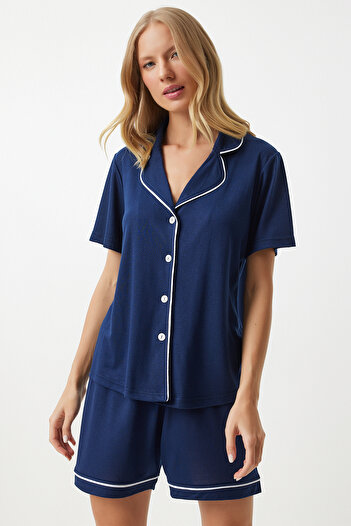 Happiness İstanbul Navy Blue Piping Detailed Women's Shirt and Shorts Pajama Set - EC00039