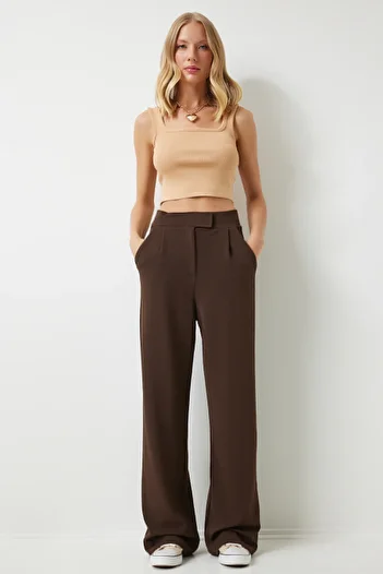 Happiness İstanbul Brown Women's Woven Trousers - Velcro Waist, Relaxed Fit RV00150