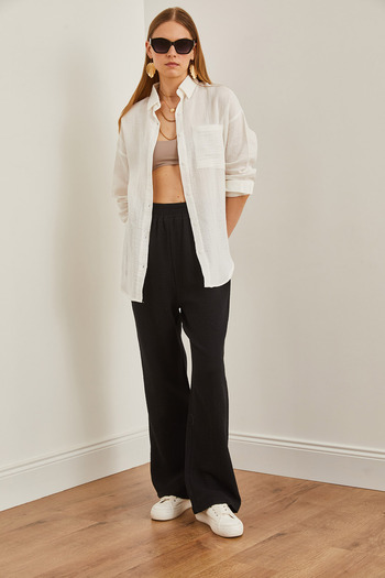 Olalook Black Muslin Trousers - Elastic Waist, Pocket, PNT-19000279