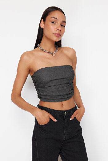 Trendyol Collection Premium Anthracite Strapless Gathered Stretch Knitted Blouse TWOSS24BZ00216