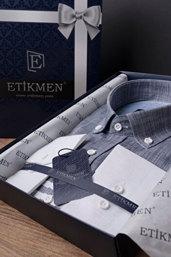Etikmen Panolu Gri Mavi Çizgili Keten Slimfit Erkek Gömlek