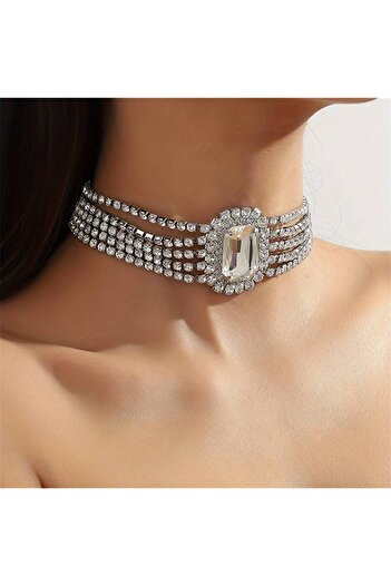 Flaner Paris Aksesuar Retro Trend Diamond Oval Crystal Necklace and Choker Set