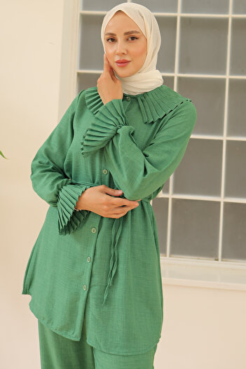 benguen Green Linen Set - 4044 Model, Collar and Sleeves with Pleats