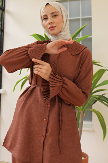 benguen 4044 Model Brown Linen Set - Collar and Arms with Pleats