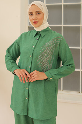 benguen Green Linen Set - 3870 Leaf Stones
