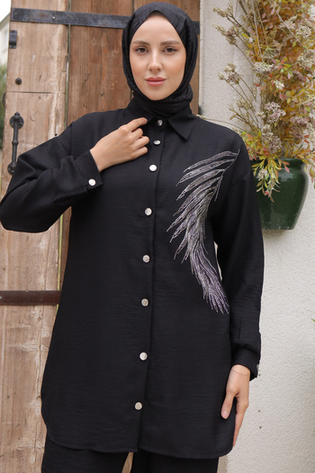 benguen Black Linen Set - 3870 Leaf Stone Detailed