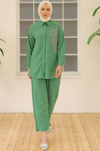 benguen Green Linen Set - 3870 Leaf Stones