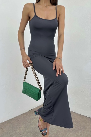 Eka Ανθρακί Μακρύ Γυναικείο Φόρεμα - Strappy, 0999- 105901