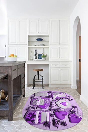 Kilimteks 3D Dijital Baskılı Kaymaz Yıkanabilir Renkli Modern Oval Mutfak Halısı, N-O-MUTFAK-34-MOR,