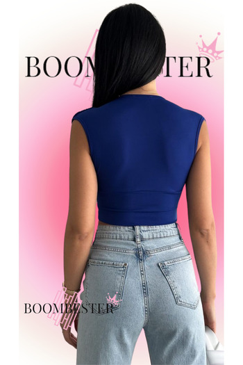 BoomBester Mavi Sandy Crop Bluz Derin V Yaka Korsajlı
