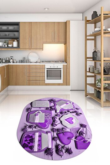 Kilimteks 3D Dijital Baskılı Kaymaz Yıkanabilir Renkli Modern Oval Mutfak Halısı, N-O-MUTFAK-34-MOR,