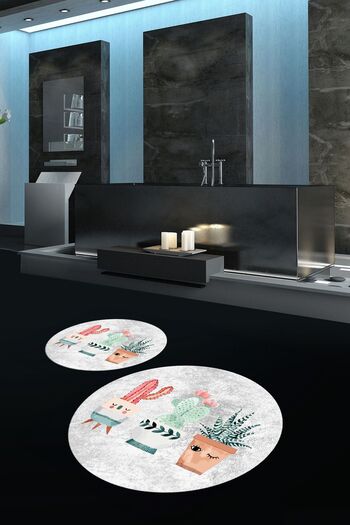 Kilimteks Digital Printed Non-Slip Washable Cactus Round Double Bathroom Set, N-Y-KLOZET-24-GRAY,