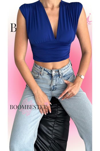 BoomBester Mavi Sandy Crop Bluz Derin V Yaka Korsajlı