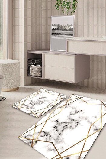 Kilimteks Marble Patterned Non-Slip Base Washable Set of 2 Bathroom Carpet Mat Toilet Seat Set Kt-kzht-326