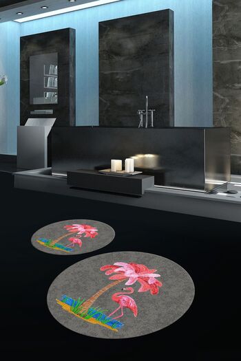 Kilimteks Digital Printed Non-Slip Base Washable Round Double Bathroom Set, N-Y-KLOZET-30-GRAY,