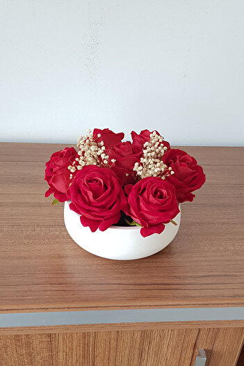adresiburasi Bowl Model Velvet Rose Arrangement Table Flower Dark Red in Concrete Flower Pot