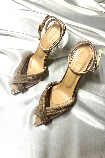 TrendyAnka Lady Princess Nude Rose - Transparent Heeled Pointed Toe Evening Shoes, 8Cm Cross Stone Detailed