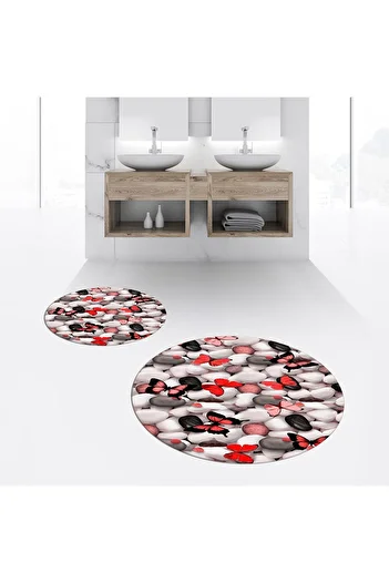 Hey Home Digital Printed Non-Slip Washable Round Double Bathroom Mat Toilet Set, V-Y-KLOZET-44-RED,