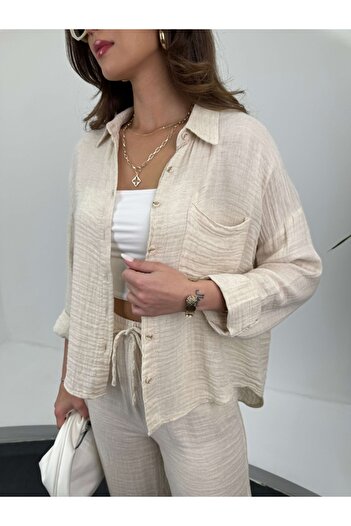 Elif Özbey Butik Ecru Casual Muslin Set - Pocketed