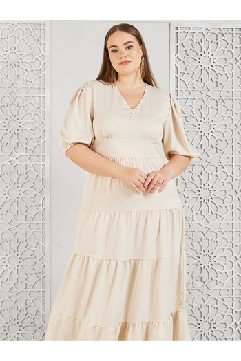 Styli Plus Satin Button Detail Tiered Maxi Dress