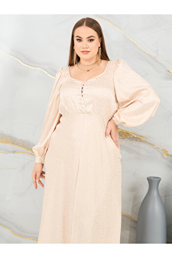 Styli Plus Jacquard Bishop Sleeves A-Line Maxi Dress