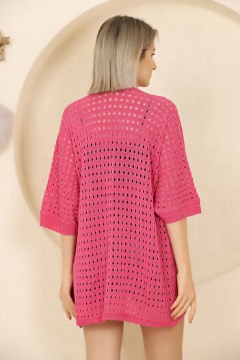 ALCHON U Shawl Collar Half Sleeve Openwork Perforated Summer Midi Length Thin Knitwear Cardigan