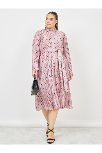 Styli Plus Satin Plisse Spot Print Shirt Midi Dress with Self Tie Up