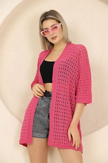 ALCHON U Shawl Collar Half Sleeve Openwork Perforated Summer Midi Length Thin Knitwear Cardigan