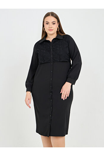 Styli Plus Lace Detail Shirt Midi Dress