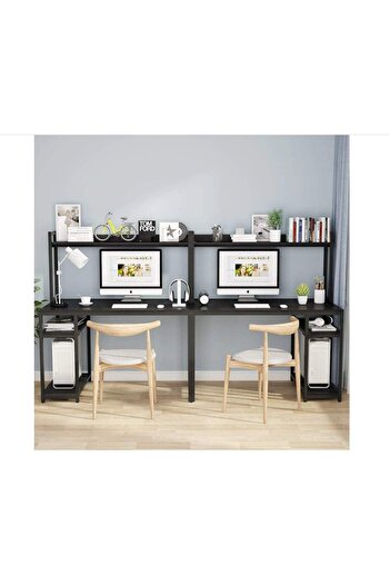 Zizuva Tasarım 2 Kişilik Raflı Ergonomik Siyah Çalışma Masası